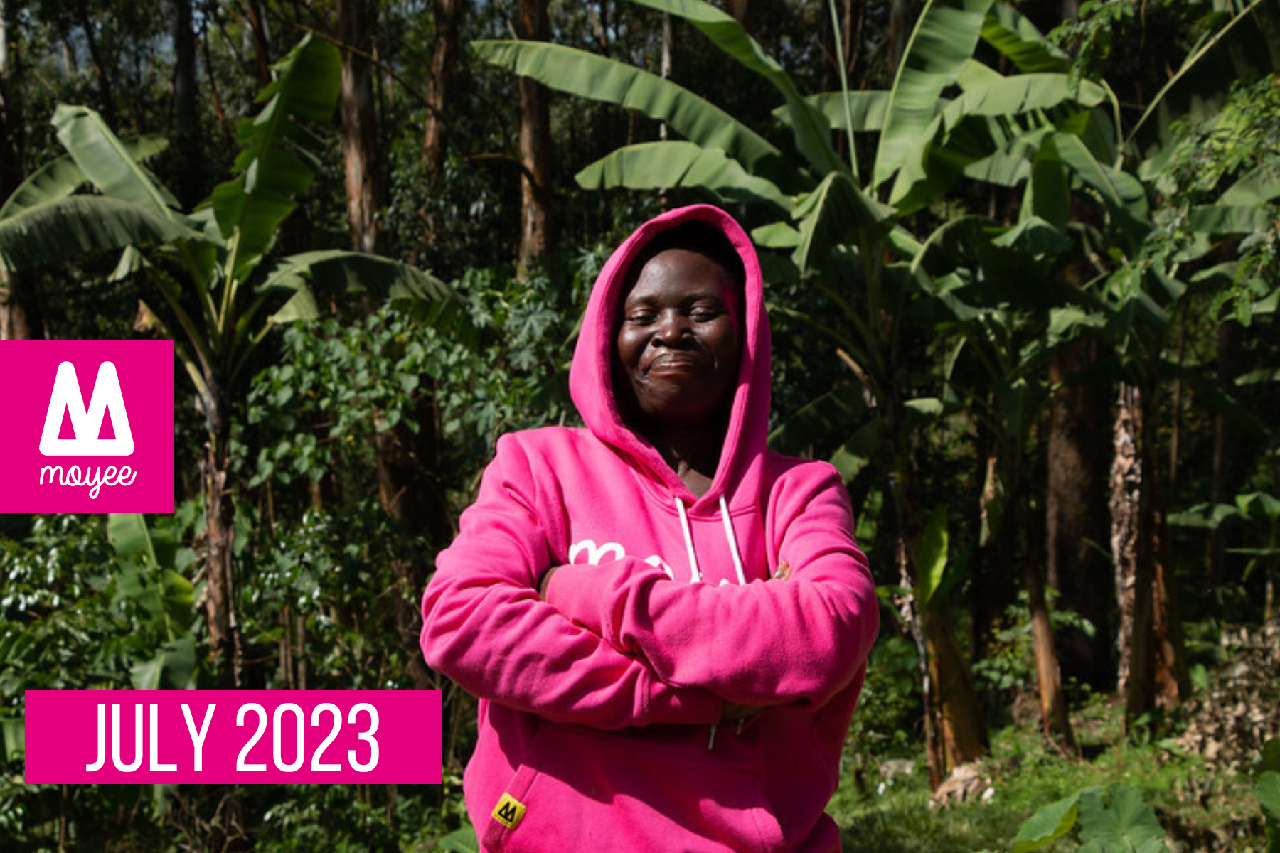 Moyee farmer standing in pink Moyee hoodie, date is 2023 JULY
