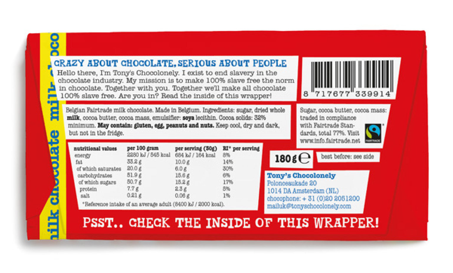 Tony&#39;s Chocolonely Milk Chocolate 180g  - Pack of 4 Bars