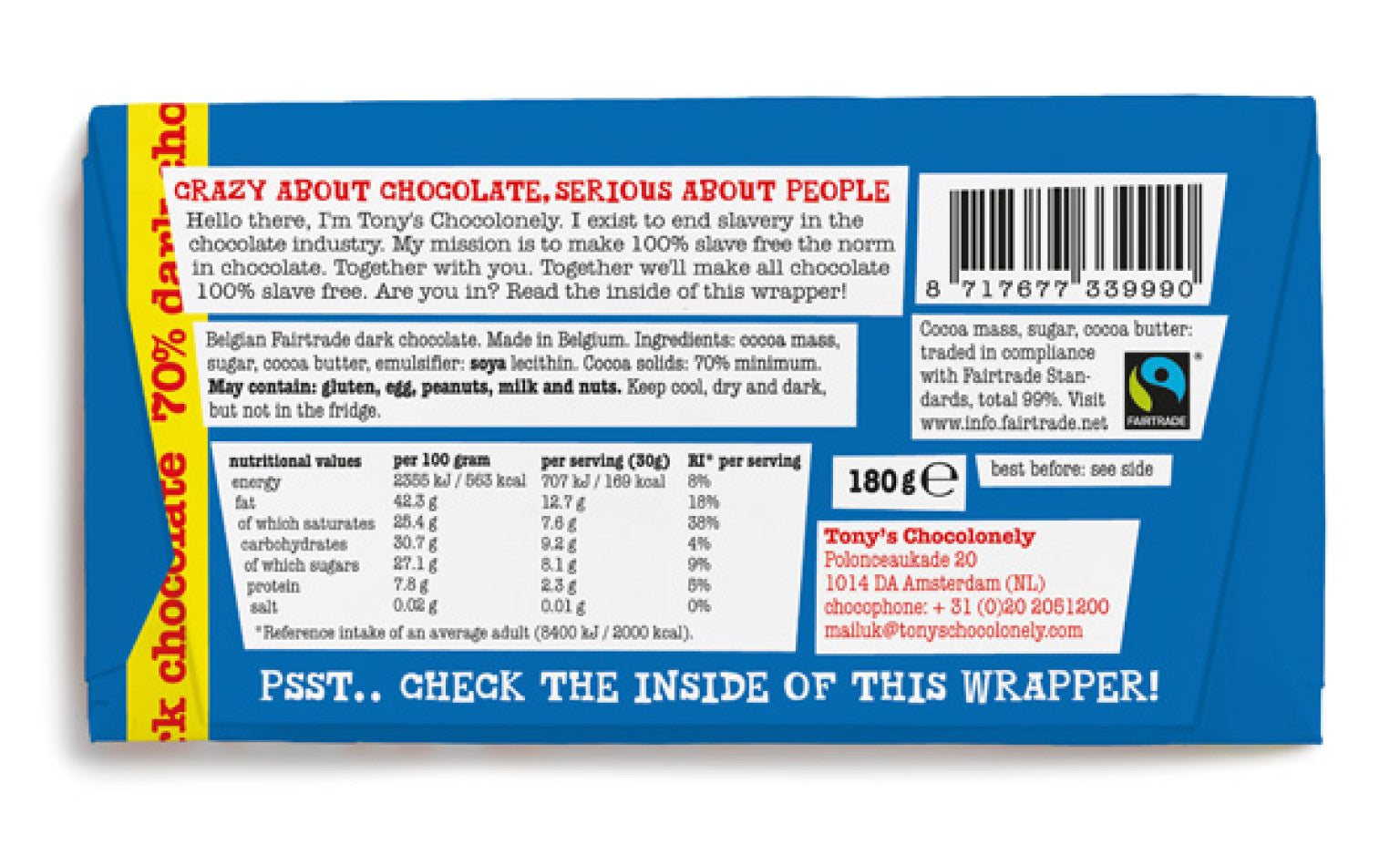 Tony&#39;s Chocolonely Extra Dark Chocolate 180g